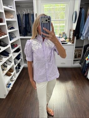 Avara Lavender Floral-Detail Short-Sleeve Button-Down Shirt XS NWT